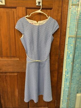 Blue Textured Midi Dress with Cream Waist Belt